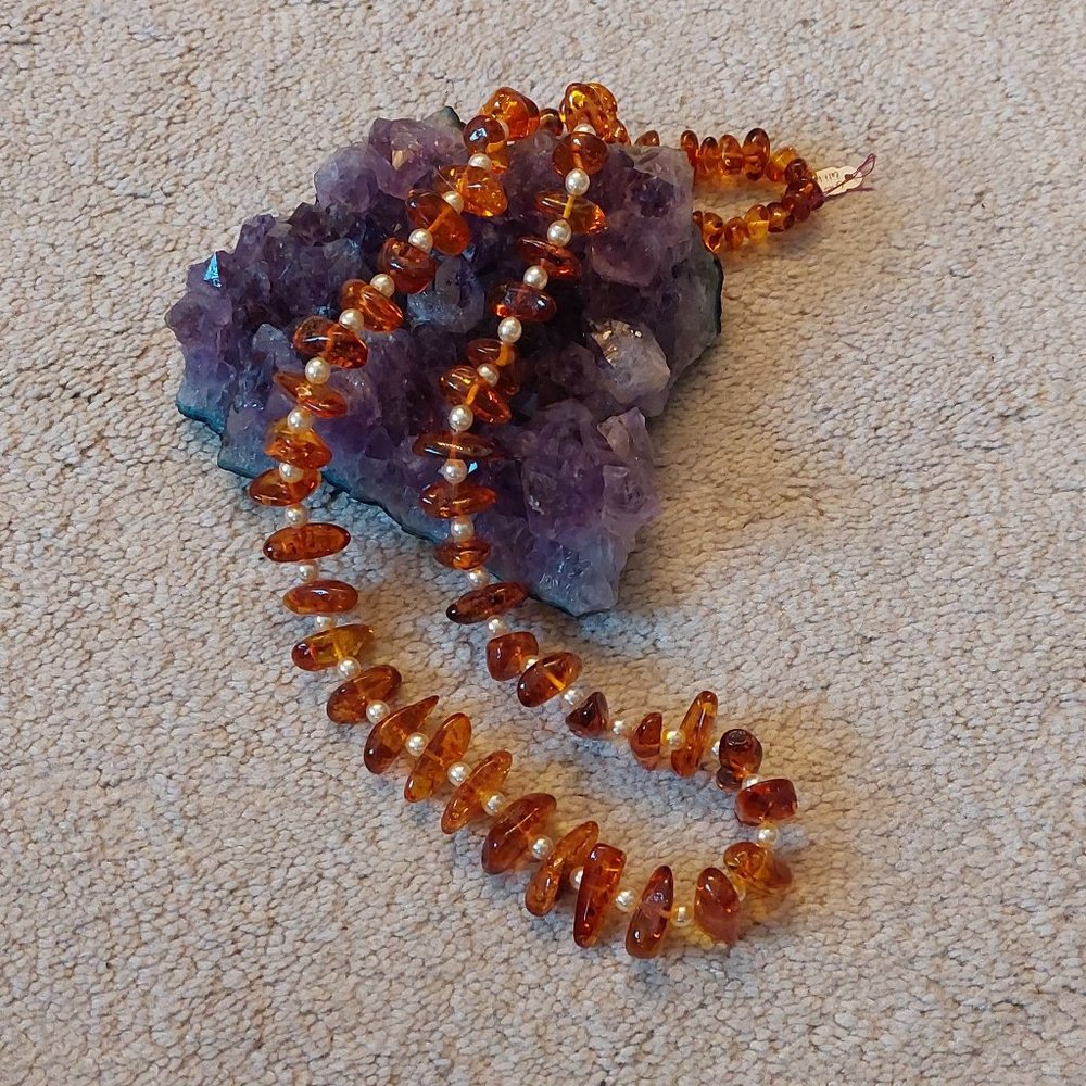 Genuine Baltic Amber and Pearl Necklace 30" long